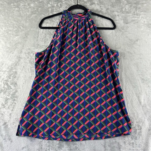 Trina Turk Blouse Top Women's M Multicolor Geometric Design 100% Silk Halter - Picture 1 of 9